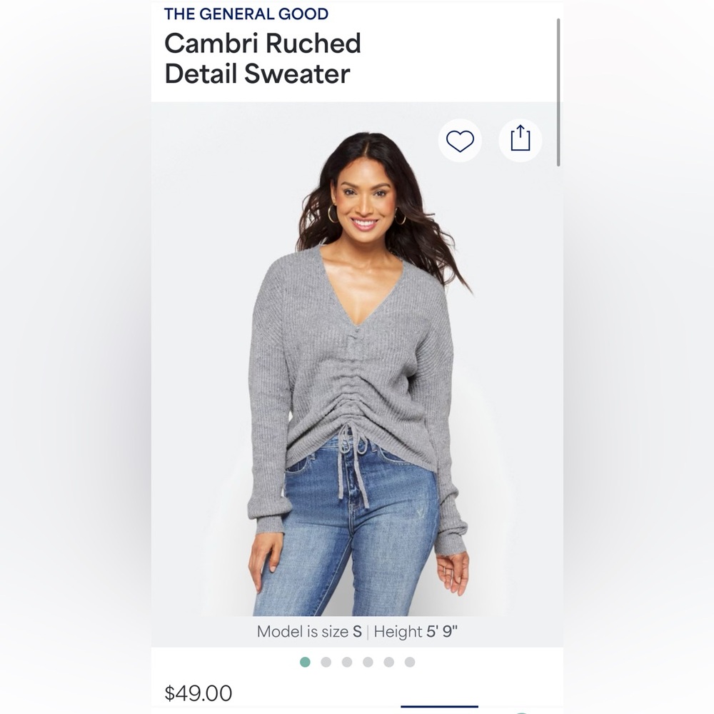 The General Good Gray Blue V-Neck Sweater with Ruched Detail